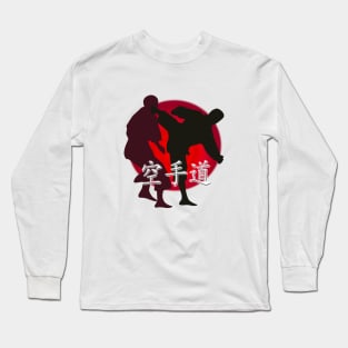 Silhouette of a Karate Fight, Japanese Flag in Background Long Sleeve T-Shirt